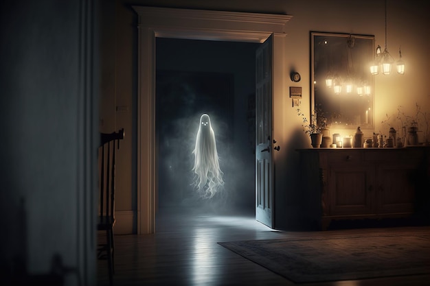 Ghost oltergeist vola intorno alla casa da solo la notte dei morti Ghost bianco incandescente passa attraverso le pareti 3d illustrazione