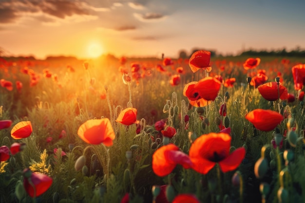 Giacimento di fiori del papavero al tramonto ai generativo