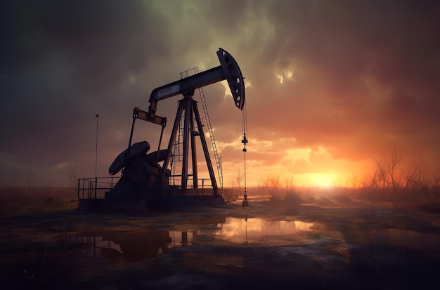 Giacimento petrolifero al tramonto estrazione di petrolio o di altre risorse naturali dal suolo Generativo ai