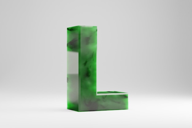 Giada 3d lettera L maiuscola. Lettera di giada isolato su sfondo bianco. Alfabeto in pietra semitrasparente di giada verde. carattere di carattere reso 3D.