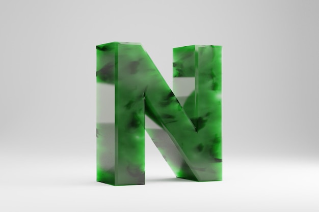 Giada 3d lettera N maiuscola. Lettera di giada isolato su sfondo bianco. Alfabeto in pietra semitrasparente di giada verde. carattere di carattere reso 3D.