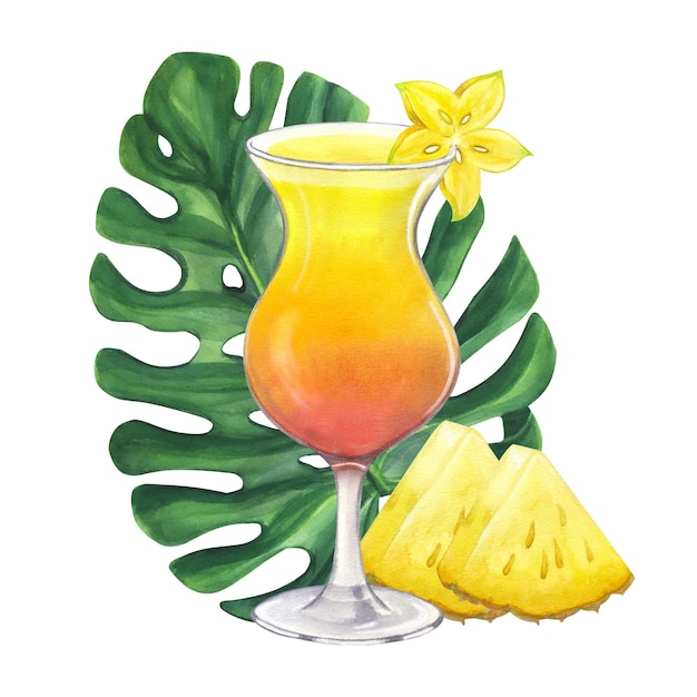 Giallo arancione spiaggia cocktail carambola ananas monstera Illustrazione disegnata a mano dell'acquerello su bianco