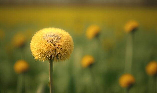 Giallo fiore di tarassaco nel campo con sfondo sfocato