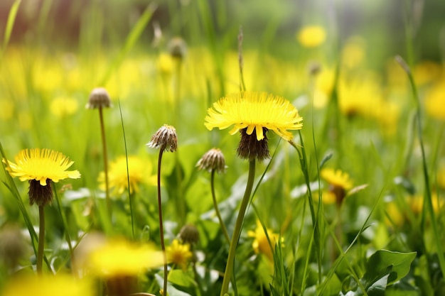 Giallo fiori di tarassaco sul prato verde Sfondo di primavera