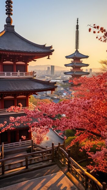 Giappone paesaggio zen vista panoramica fotografia Sakura fiori pagoda pace silenzio torre parete