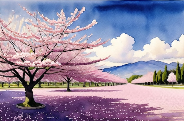 Giappone Sakura festival dell'esplosione di fiori di ciliegio paesaggio generato dall'intelligenza artificiale per la stampa digitale