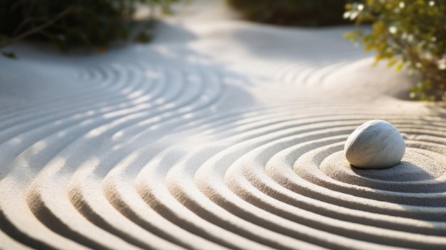 Giappone zen e giardino in sabbia con pietra per la consapevolezza e la spiritualità modello di ciottoli e pratica