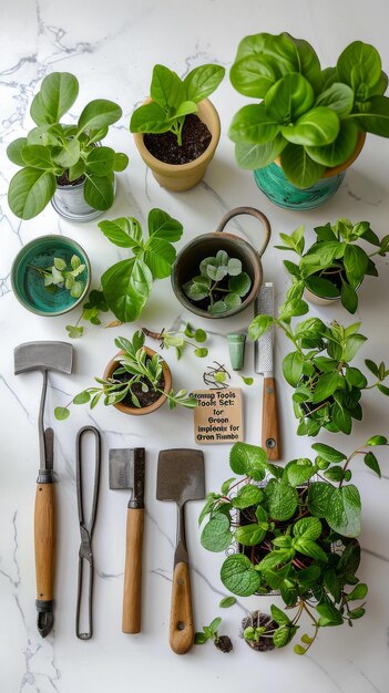 Giardinaggio al chiuso con piante e attrezzi su marmo