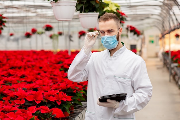 Giardiniere al lavoro in una serra durante la quarantena