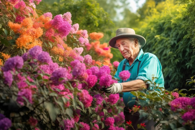 Giardiniere anziano potatura fiori fiori vecchio uomo che lavora con le forbici nel giardino floreale Generare Ai