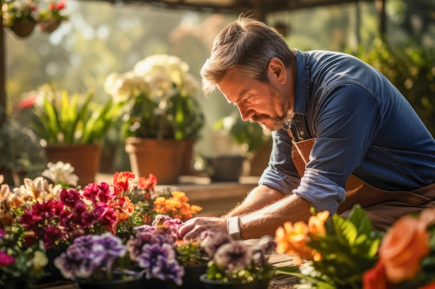 Giardiniere appassionato si prende cura meticolosamente delle sue amate piante con amore e dedizione