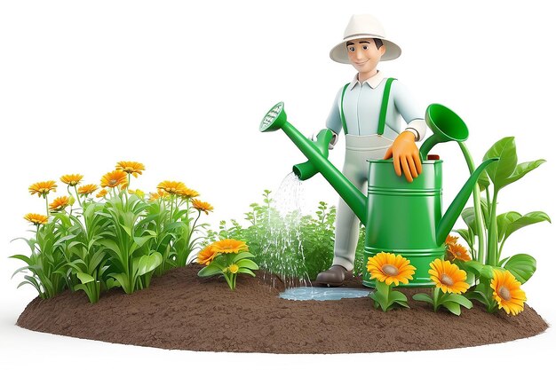 giardiniere bianco 3d con una lattina di irrigazione sullo sfondo bianco