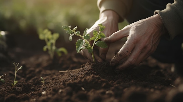 Giardiniere che pianta piantine nel terreno