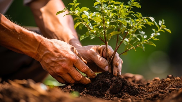 giardiniere che pianta piccoli alberi nel terreno ai generativo