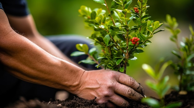 giardiniere che pianta piccoli alberi nel terreno ai generativo