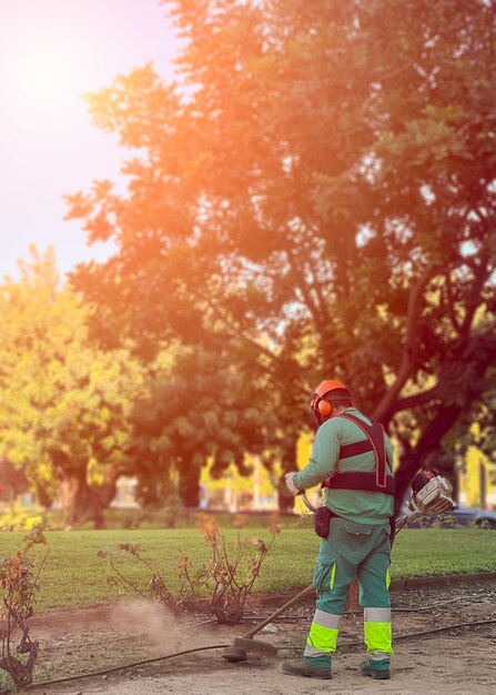 Giardiniere che taglia le erbacce nel parco