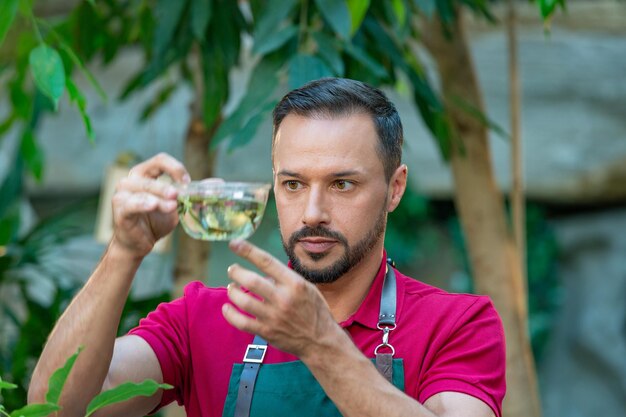 Giardiniere dell'uomo che tiene un contenitore d'acqua con i germogli nelle sue mani. uomo giardiniere