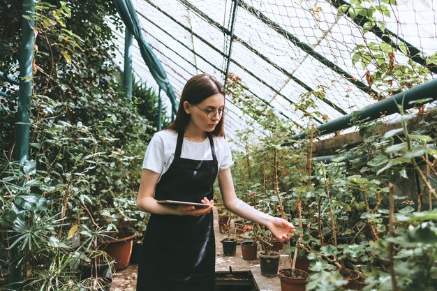 Giardiniere della giovane donna con tavoletta digitale che lavora in serra