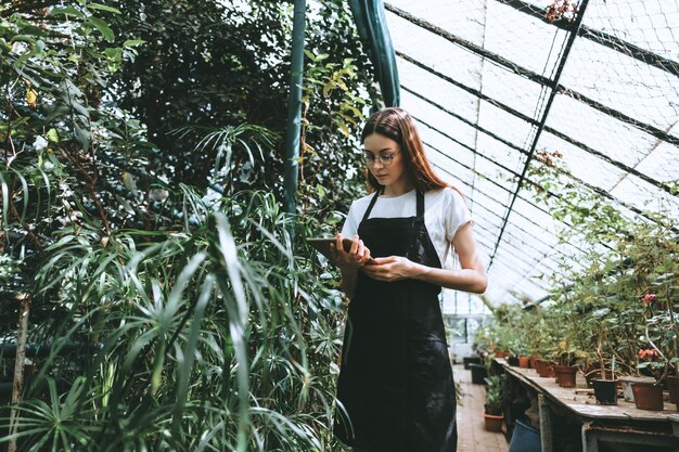 Giardiniere della giovane donna con tavoletta digitale che lavora in serra