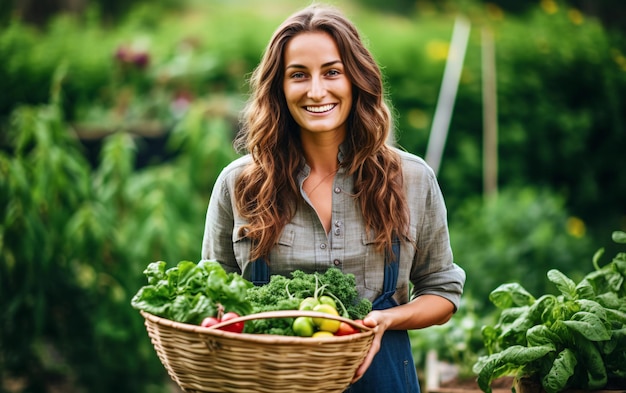 Giardiniere felice della giovane donna con le verdure raccolte in cestino in cortile