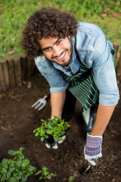 Giardiniere maschio sorridente che pianta serra esterna