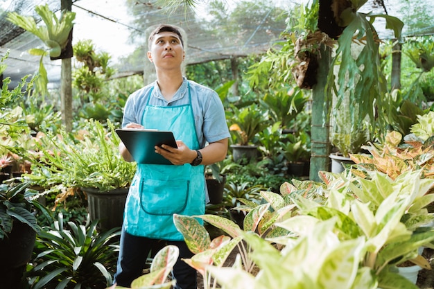 Giardiniere o lavoratore botanico che controlla alcune piante