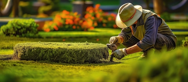 giardiniere paesaggista che posa il prato per il nuovo prato