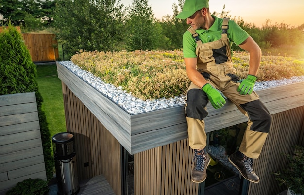 Giardiniere professionista osserva da vicino il suo progetto Sedum Living Roof