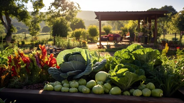 Giardino commestibile pieno di verdure e erbe fresche