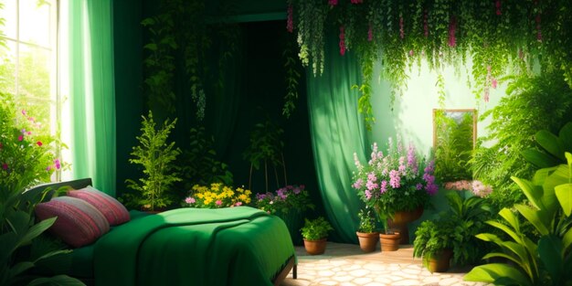 giardino con alberelli verdi e fiori di diversi colori