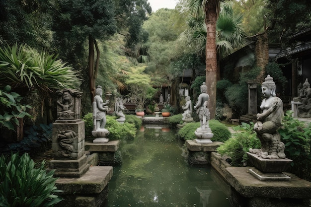 Giardino con molte sculture e giochi d'acqua circondati da una vegetazione lussureggiante