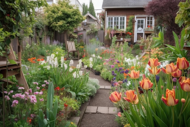 Giardino con tulipani e altri fiori primaverili in piena fioritura creato con intelligenza artificiale generativa