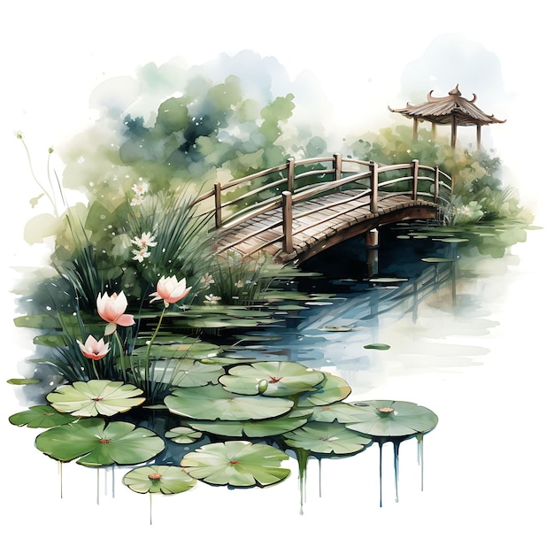 Giardino d'acqua orientale Lilli d'acqua e pesce Koi Ponte di legno Acquarello accogliente della natura Decorativo