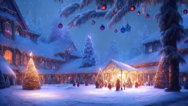 Giardino d'inverno di Capodanno con alberi di Natale decorati ghirlande di luci Decorazioni per il nuovo anno festivo città festosa Lanterne di Natale decorate strada inverno neve cartolina 3D illustrazione