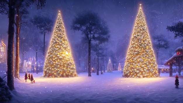 Giardino d'inverno di Capodanno con alberi di Natale decorati, luci, ghirlande. Capodanno festivo