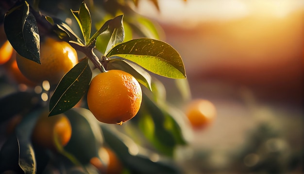Giardino degli aranci con frutti d'arancia in maturazione sugli alberi con foglie verdi naturali e sfondo alimentare