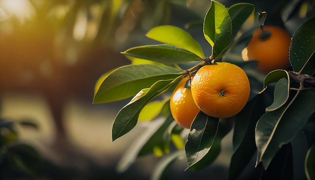 Giardino degli aranci con frutti d'arancia in maturazione sugli alberi con foglie verdi naturali e sfondo alimentare