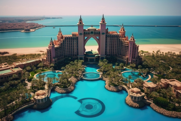 Giardino dei miracoli di Dubai a Dubai, Emirati Arabi Uniti Atlantis Hotel a Dubai, Emirati Arabi Uniti, vista con la spiaggia e il mare Generato dall'intelligenza artificiale