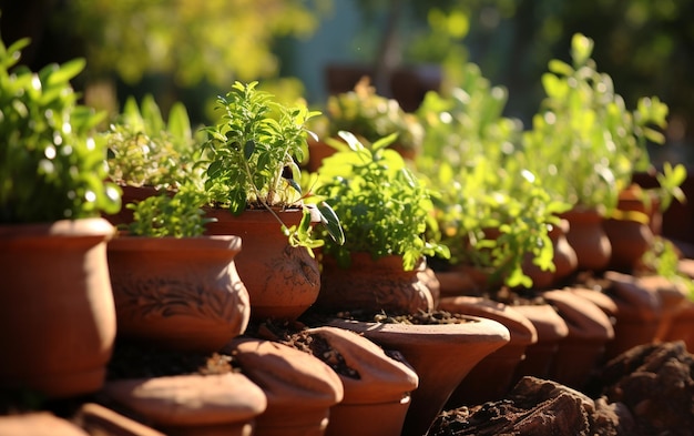 Giardino delle erbe baciate dal sole in vasi di terracotta