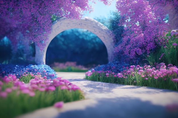 Giardino delle fate con arco in pietra Paesaggio fantasy fiori arco in pietra portale ingresso mondo irreale3D rendering illustrazione raster