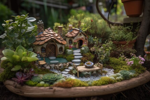 Giardino delle fate con piante e creature in miniatura in un ambiente stravagante creato con intelligenza artificiale generativa