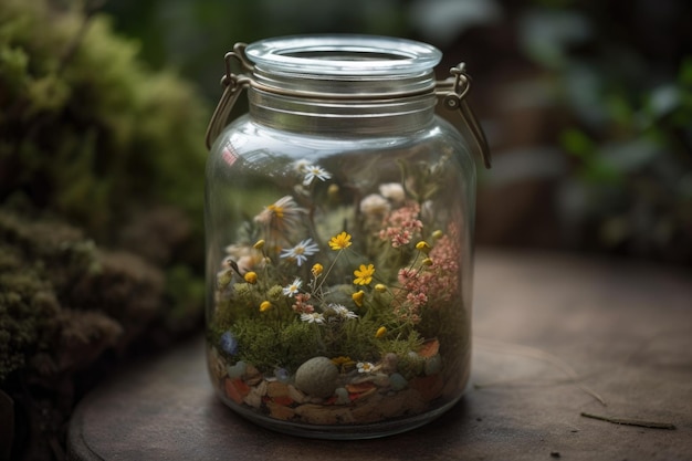 Giardino delle fate con piccole piante e fiori delicati in barattolo di vetro creato con AI generativa