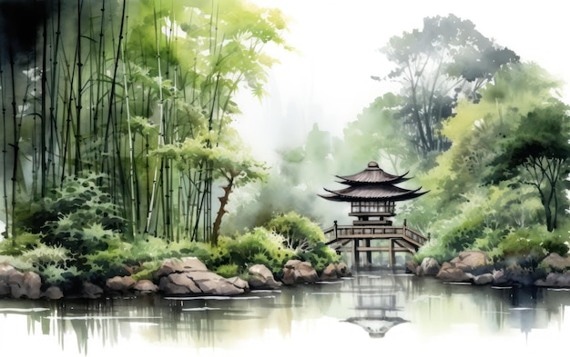 Giardino di bambù che circonda l'illustrazione cinese della pittura della pagoda