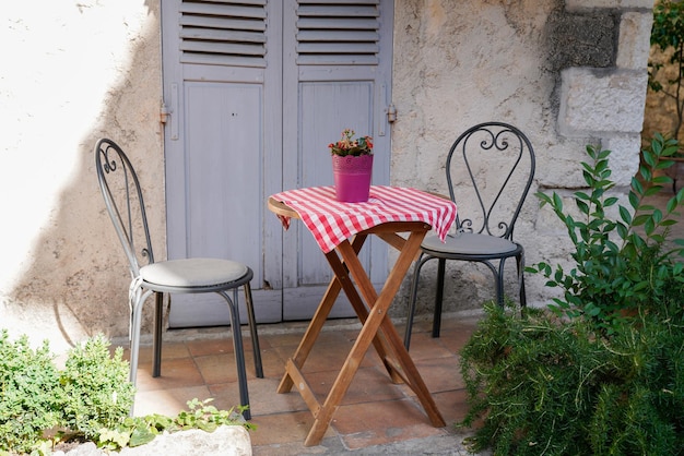 Giardino di casa davanti alla sedia da terrazza con una casa davanti alla pianta fiorita