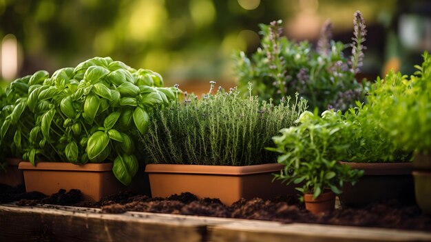 Giardino di erbe aromatiche con basilico e rosmarino