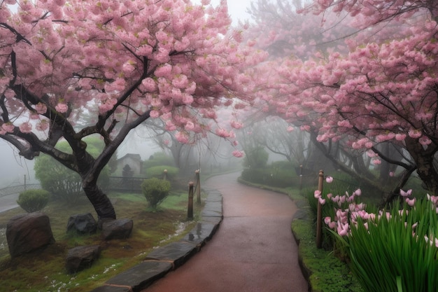 Giardino di fiori di ciliegio con alberi in fiore circondato da nebbia mattutina nebbiosa creata con ai generativo