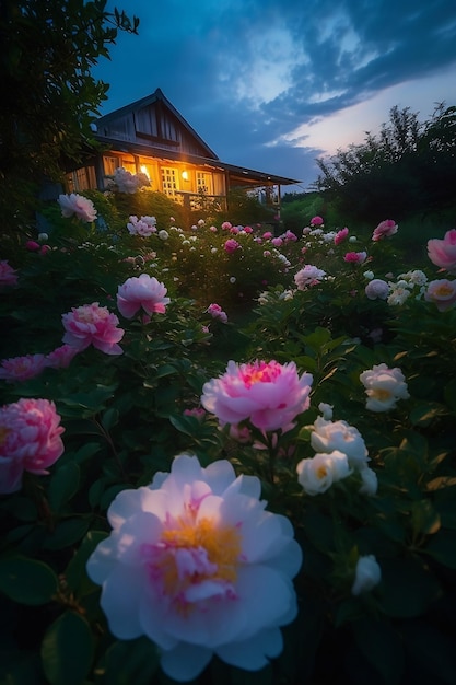 Giardino di fiori rosa e bianchi al tramonto con casa sul retro