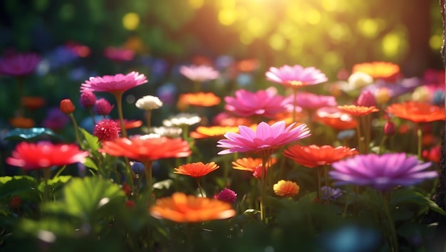 Giardino di fiori vibrante e colorato con una varietà di fiori in fiore che filtrano la luce solare