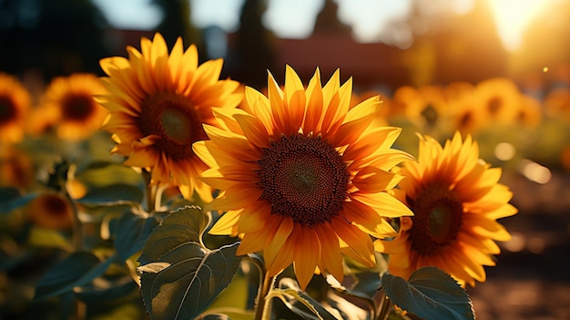 Giardino di girasoli con bel sfondo soleggiato