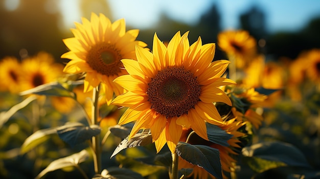 Giardino di girasoli con bel sfondo soleggiato